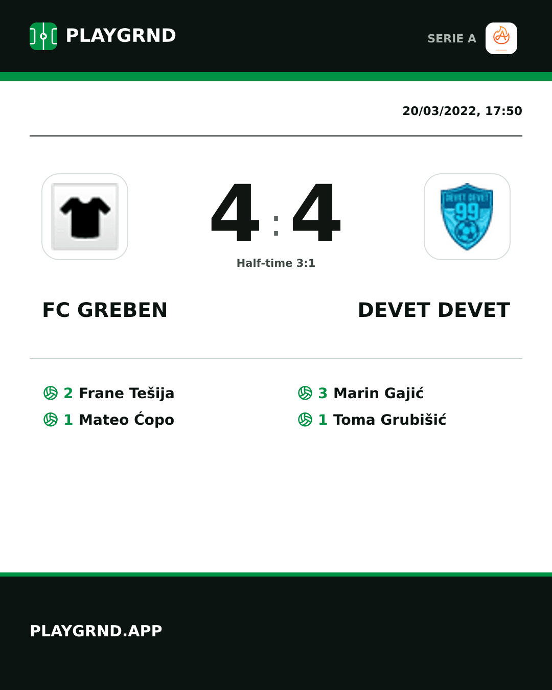 Instagram artwork: FC Greben 4:4 Devet Devet
