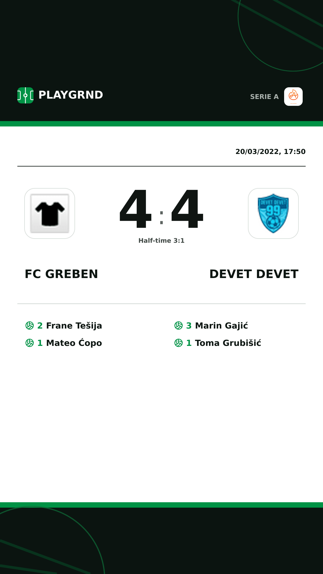 Instagram artwork: FC Greben 4:4 Devet Devet