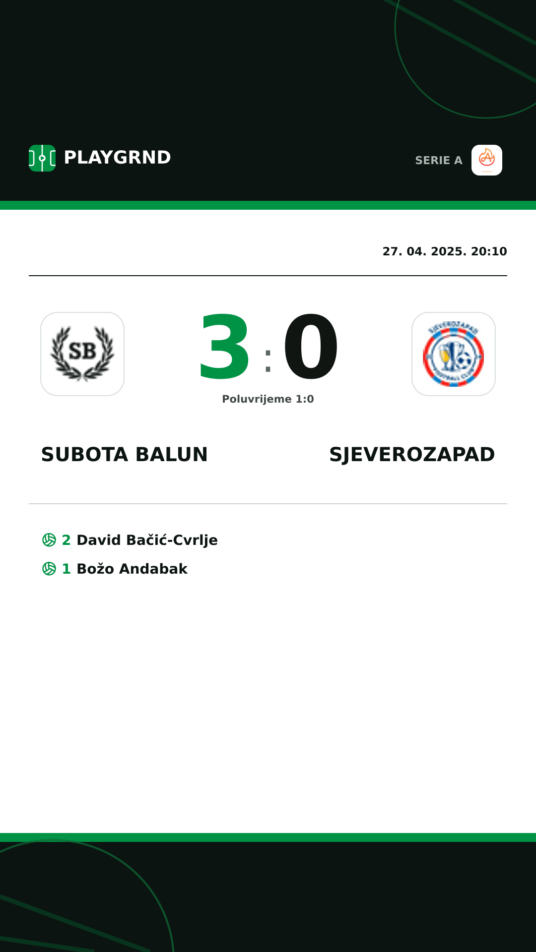 Instagram slika: Subota Balun 3:0 Sjeverozapad