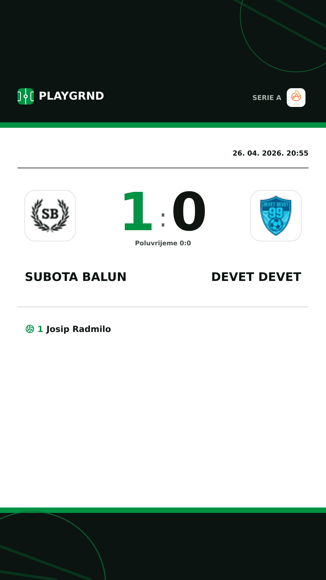 Instagram slika: Subota Balun 1:0 Devet Devet